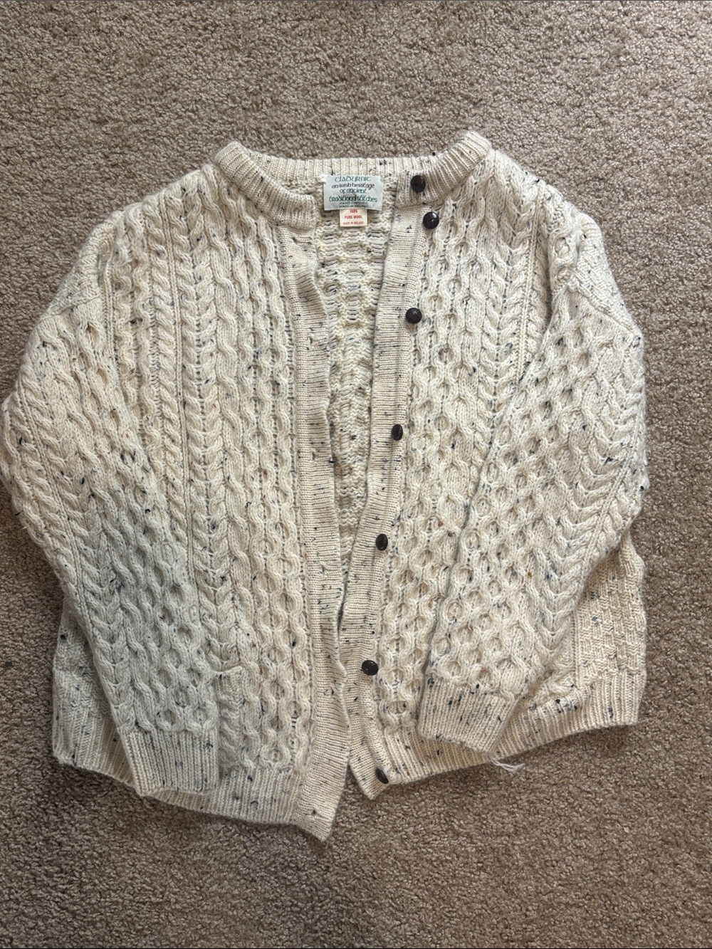 Vintage Handmade Cable Knit Leather Buttoned Wool Cardigan